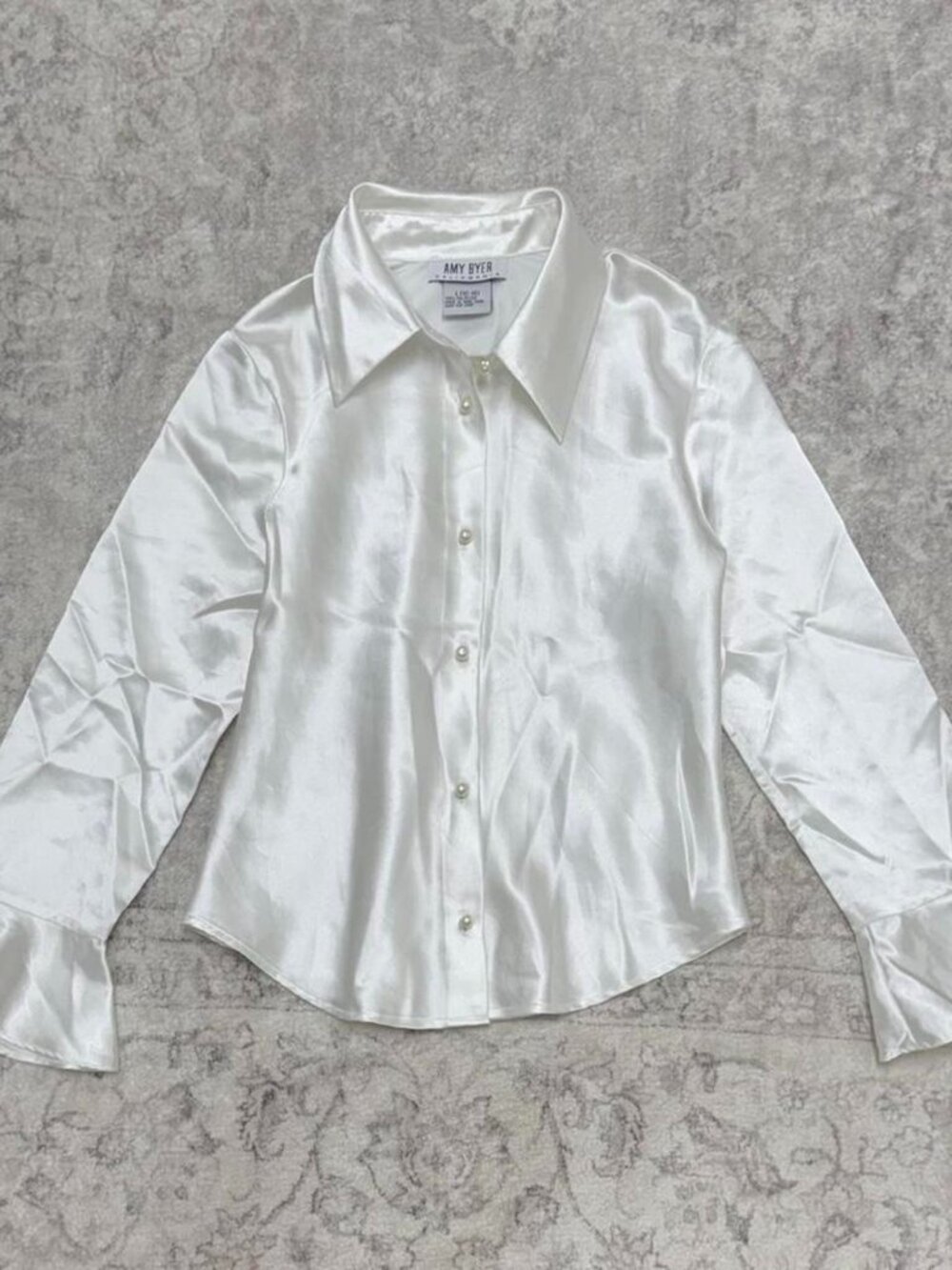 white satin 90s pearl button up blouse shirt